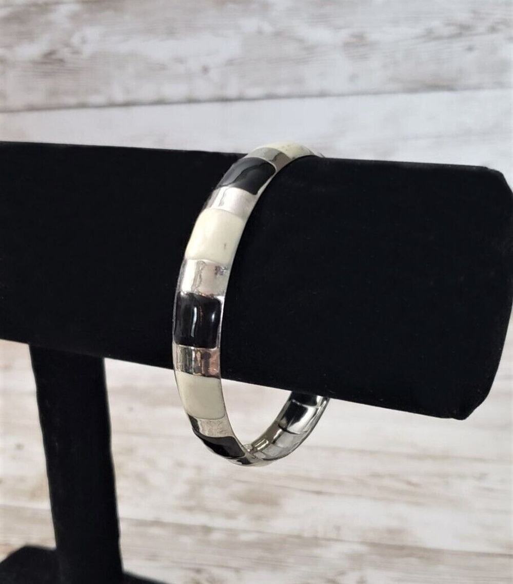 Vintage Bracelet / Bangle - Cream, Black & Silver Tone